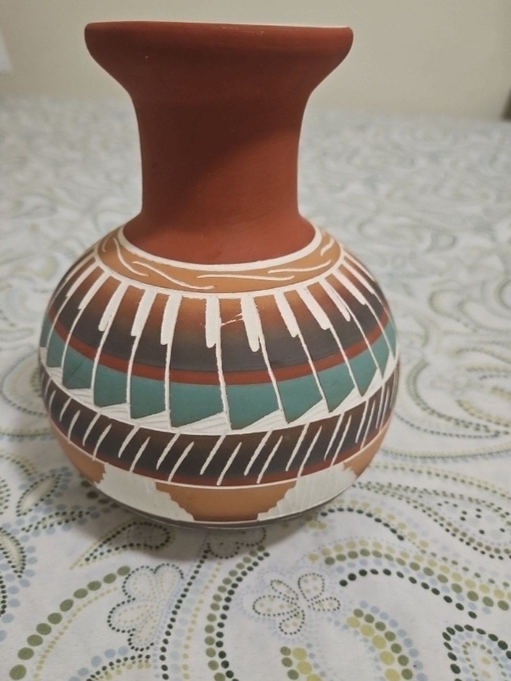 Hand-Painted Ceramic Fendy Williams Navajo Vase in Rust and Teal American Art.